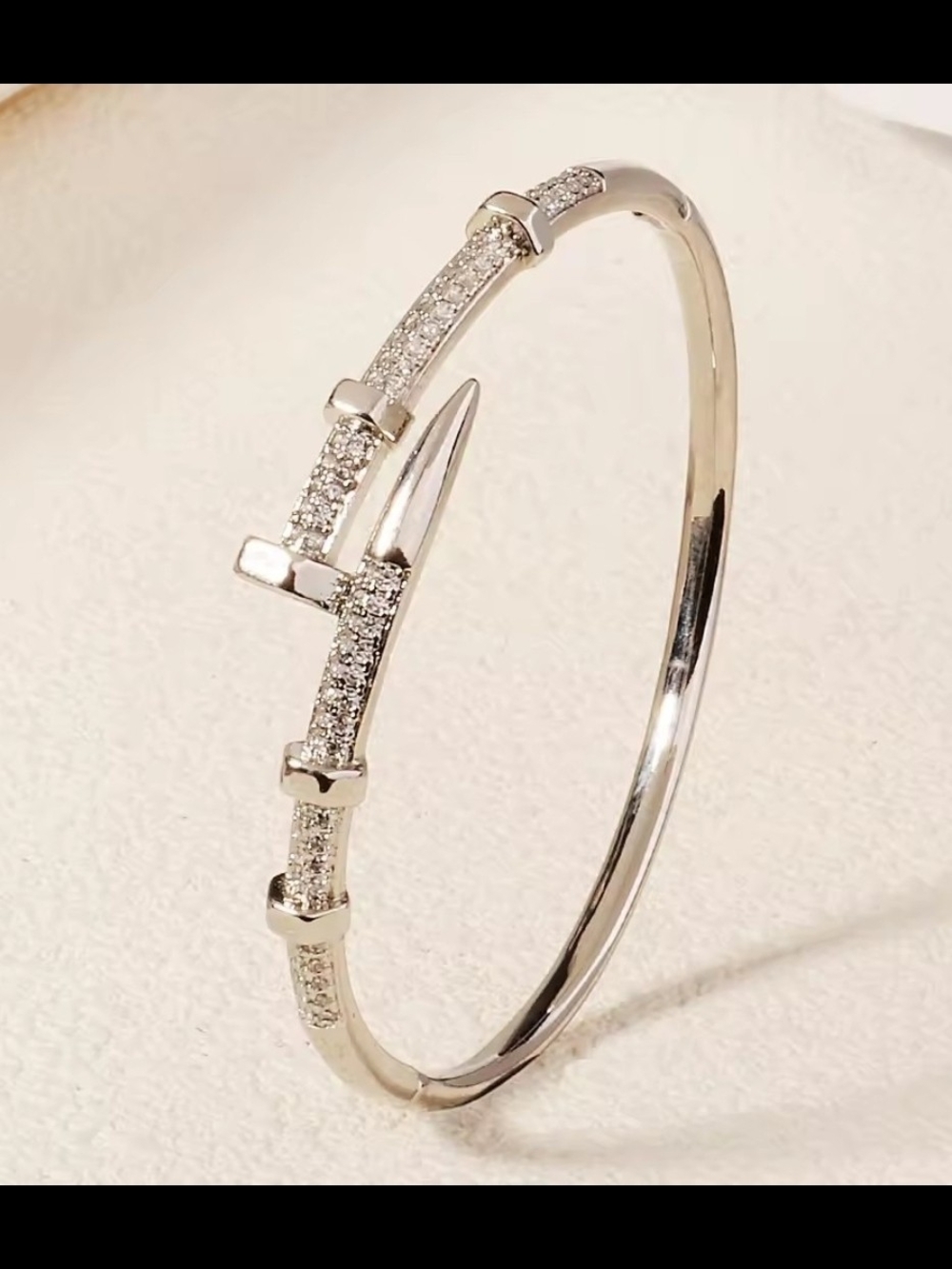 Silver-Tone Pave Nail Bangle Bracelet - Elegant Women’s Bracelet